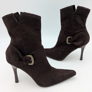 Y2K Faux Suede Ankle Boots High Stiletto Heel Pointed Toe Bow Buckle 9M Brown